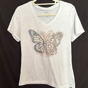 White V-Neck Butterfly Floral Tee - Myrtle Beach